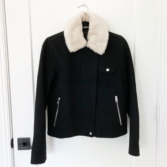 Madewell Sherpa-Collar Asymmetric Zip-Front Black Wool Jacket - S - Picture 2 of 10